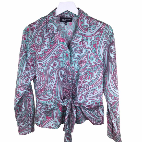 Jones New York Women Blouse Tie front Small Green Pink Paisley Small - Picture 1 of 15